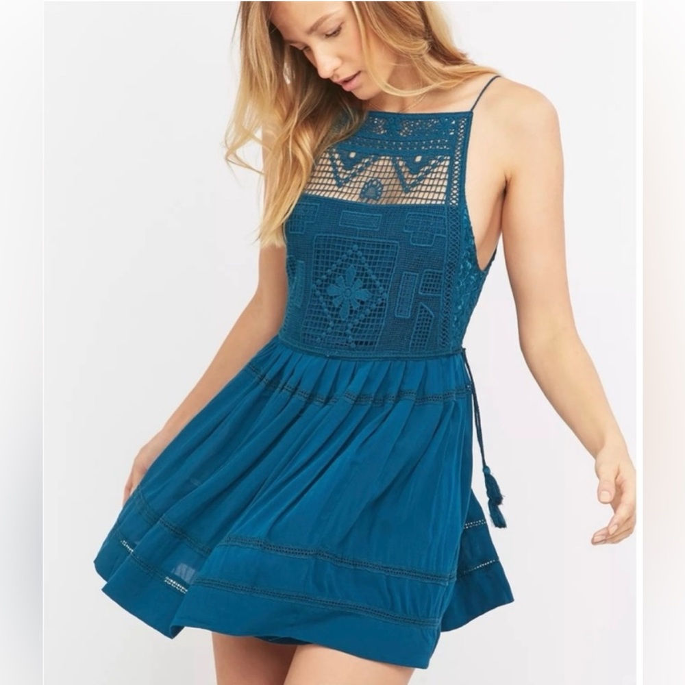 Free People Teal Emily Crochet Mini Dress